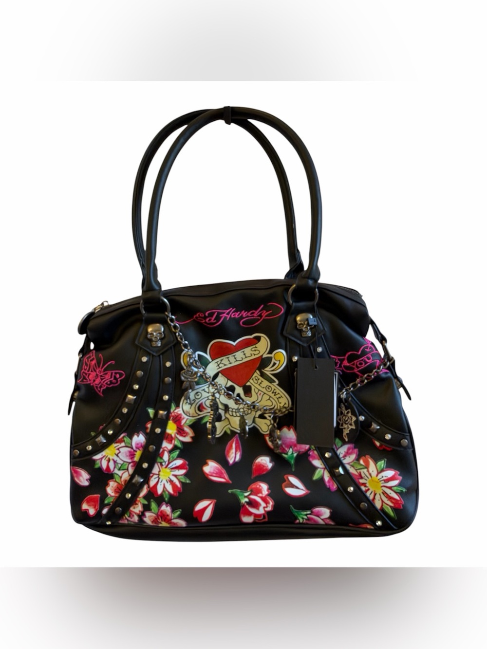 Ed Hardy “Love Kills Slowly” Black Vegan Leather Skull Tattoo Shoulder Bag - NWT